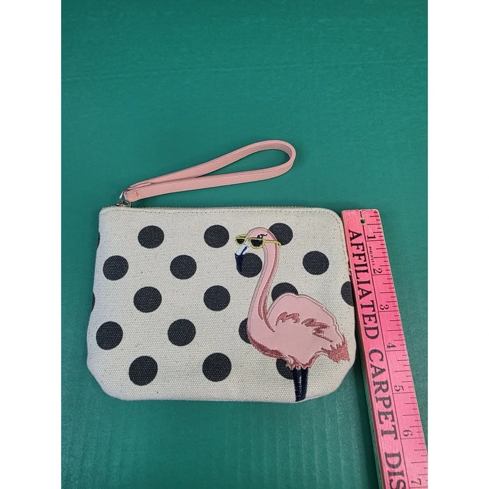 Old Navy Polka Dot Flamingo Wristlet Canvas Wallet Zips‎ With Loop Strap